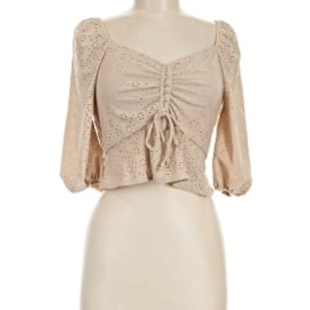 URBAN Romantics Beige Ruched Tie-Front Eyelet Crop Top